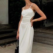 instahot设计感露背白色吊带裙，女ins度假风高级感系带气质连衣裙
