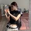 gagaopt2023韩版修身显瘦条纹休闲短袖上衣抽绳收腰短款T恤女