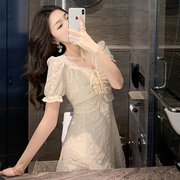 浪漫刺绣蕾丝雪纺短袖，连衣裙2024夏季法式甜美气质，泡泡袖仙女长裙