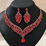 欧美复古项链耳环套装，新娘婚礼宴会礼，服饰品夸张奢华红宝石两件套