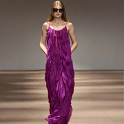优雅气质2024年春夏季高端设计感荷叶边吊带长裙紫色连衣裙女
