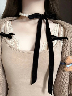 zoozmomo欧美夸张时尚珍珠丝带项圈可调节颈链黑色蝴蝶结缎带项链