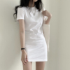 韩国chic春夏简约纯色，修身中长款圆领短袖t恤连衣裙女包臀短裙子