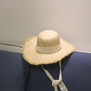 拉菲草帽女夏清新海边度假沙滩帽毛边蕾丝绑带帽子大沿遮阳帽出游