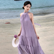 紫色挂脖无袖连衣裙气质，宽松法式温柔海边度假吊带裙