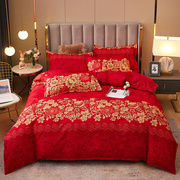 大红色纯棉加厚床单被套四件套，全棉磨毛双人床，中式婚庆六件套床品