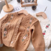 韩系童装森系复古秋季女童花朵刺绣针织开衫宝宝毛衣外套儿童上衣