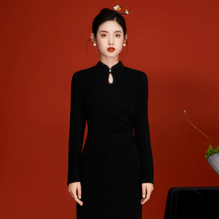 年会气质长款旗袍2023年女秋季中国风日常改良长袖连衣裙黑色