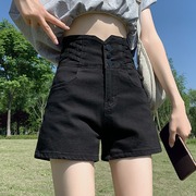 大码黑色高腰牛仔短裤女夏季热裤，梨型身材胖mm显瘦遮肚a字阔腿裤