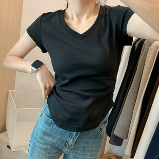 V领短袖t恤女夏季纯色弧形下摆黑色紧身上衣2024螺纹冰丝收腰