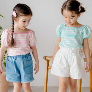 bebezoo韩国童装21夏款儿童t恤女童条纹一字领洋气短袖打底衫上衣