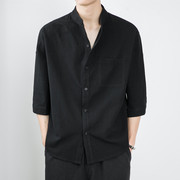 亚麻衬衫男夏季黑色休闲外套立领，中国风棉麻，男装痞帅男士短袖衬衣