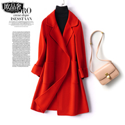 羊绒大衣女中长款红色，韩版宽松双面，妮子秋冬高端气质毛呢外套