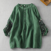复古民族风灯笼袖刺绣苎麻衬衫，女夏季宽松显瘦圆领单排扣防晒衬衣