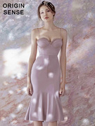 优雅淑女气质粉紫色超细吊带，抹胸性感复古包臀鱼尾中长连衣裙礼服