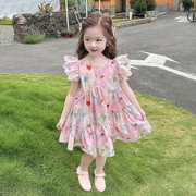 女童夏季连衣裙2024儿童洋气飞袖花朵裙子薄款夏装粉色公主裙