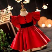 大红色儿童晚礼服裙小女孩春季服装，周岁钢琴演奏礼服女童洋气礼服