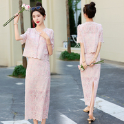 2024夏季粉色蕾丝法式套裙女夏季短袖西装设计感重工半身裙