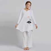 棉麻禅修服长袖秋冬民族白色瑜伽服，女性瑜伽套装w003