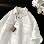 工装短袖衬衫男士夏季白色，宽松休闲半袖衬衣痞帅百搭日系复古外套