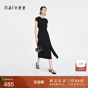 naivee纳薇24夏复古(夏复古)圆领腰带，镂空气质连衣裙优雅赫本风小黑裙