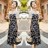 韩版夏装大码3xl法式优雅v领泡泡袖钉珠，假两件拼接印花连衣裙
