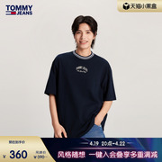 Tommy 24春男女纯棉平纹针织刺绣撞色圆领宽松短袖上衣18656