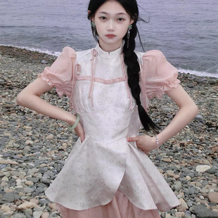 新中式改良泡泡袖粉色连衣裙2024夏季小众拼接收腰绝美蓬蓬公主裙