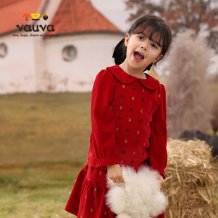 vauva女童长袖纯棉衬衣小女孩洋气娃娃领童装红色灯芯绒衬衫