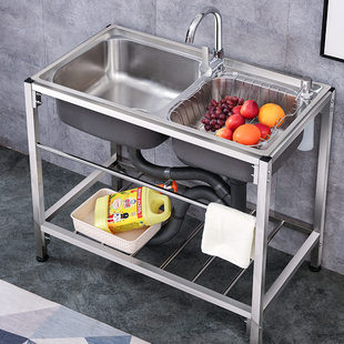简易厨房水槽不锈钢，洗菜盆双槽水池家用洗碗槽带支架洗手盆池架子