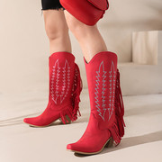 欧美时尚粗跟高跟高筒靴女流苏靴大红玫红色靴子绒面大码女靴 WX