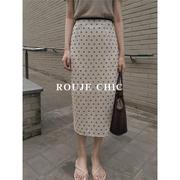 法国Rouje Chic法式高级感波点半身裙女夏高腰显瘦系带开叉包臀裙
