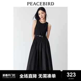 太平鸟2023年秋冬季拼接连衣裙无袖高腰显瘦小黑裙长裙女士