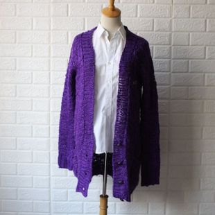 外贸原单针织开衫中长款女士，毛衣外套宽松版提花，紫色v领长袖通勒