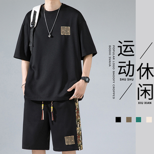 中国风刺绣男短裤短袖，套装夏季男生运动休闲圆领，t恤潮牌透气大码