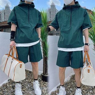 夏季男士日系风套装工装，款短袖短裤休闲宽松外套，衬衣薄款连帽卫衣