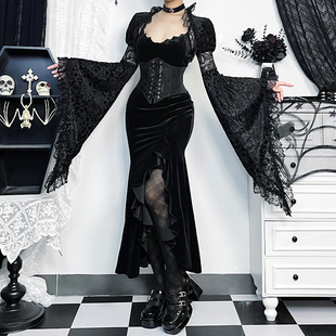 新中式礼服哥特蝙蝠，小恶魔套装女姬袖蕾丝，披肩罩衫黑色裙子两件套
