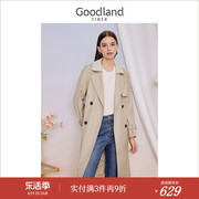 goodland美地女装2023秋季长裤西装领双层翻领，银灰色风衣外套