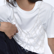韩版时尚个性女士身体链简约网状，手工编织珍珠项链水晶小背心装饰