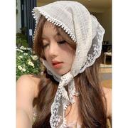 法式田园风头巾白色蕾丝三角巾发带法式包头帽子女夏季时尚网红潮