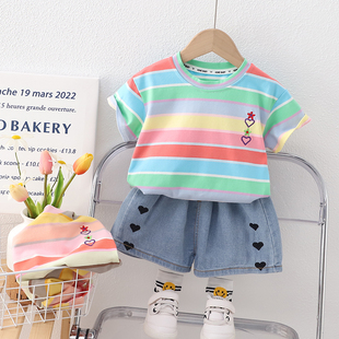 女童夏装套装宝宝彩虹条纹短袖两件套1-3岁2婴儿牛仔短裤洋气童装