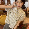 新中式条纹短袖衬衫少女夏装2024初中高中学生宽松短款衬衣服