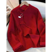 大码300斤新中式红色针织衫男女秋冬国风设计感宽松休闲情侣毛衣