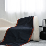 赫哲家居轻奢现代新中式样板间深蓝色棉麻针织毯沙发床尾巾