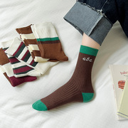 条纹袜子女秋冬季咖色系，日系复古双针中筒棉袜，韩版外穿堆堆袜女袜