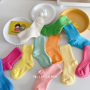 满2双-春秋季韩版儿童双针织坑条糖果色袜子男女童基础中筒袜