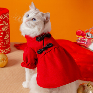 宠物猫咪复古红色小飞袖连衣裙秋天冬天衣服布偶英短暹罗猫防掉毛