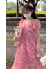 2024春粉色立体玫瑰花瓣气质，设计感小众甜美裙子泡泡袖v领连衣裙