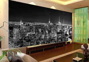 欧式黑白城市建筑夜景，大型壁画个性夜色，背景墙壁纸简约客厅墙纸