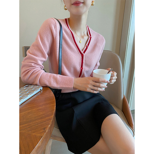 PINKEE粉色V领长袖针织开衫女秋季2023软糯减龄时尚毛衣外套